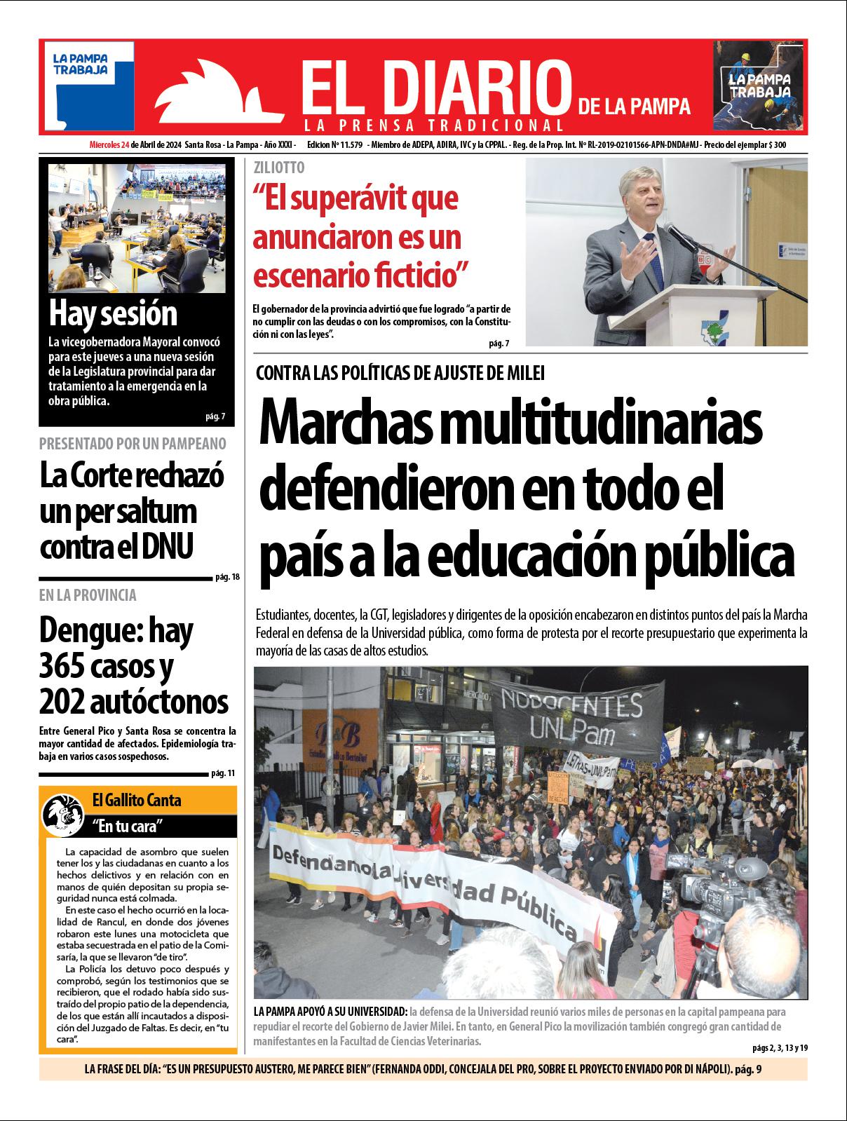 Tapa de El Diario en papel  mieacutercoles 24 de abril de 2024